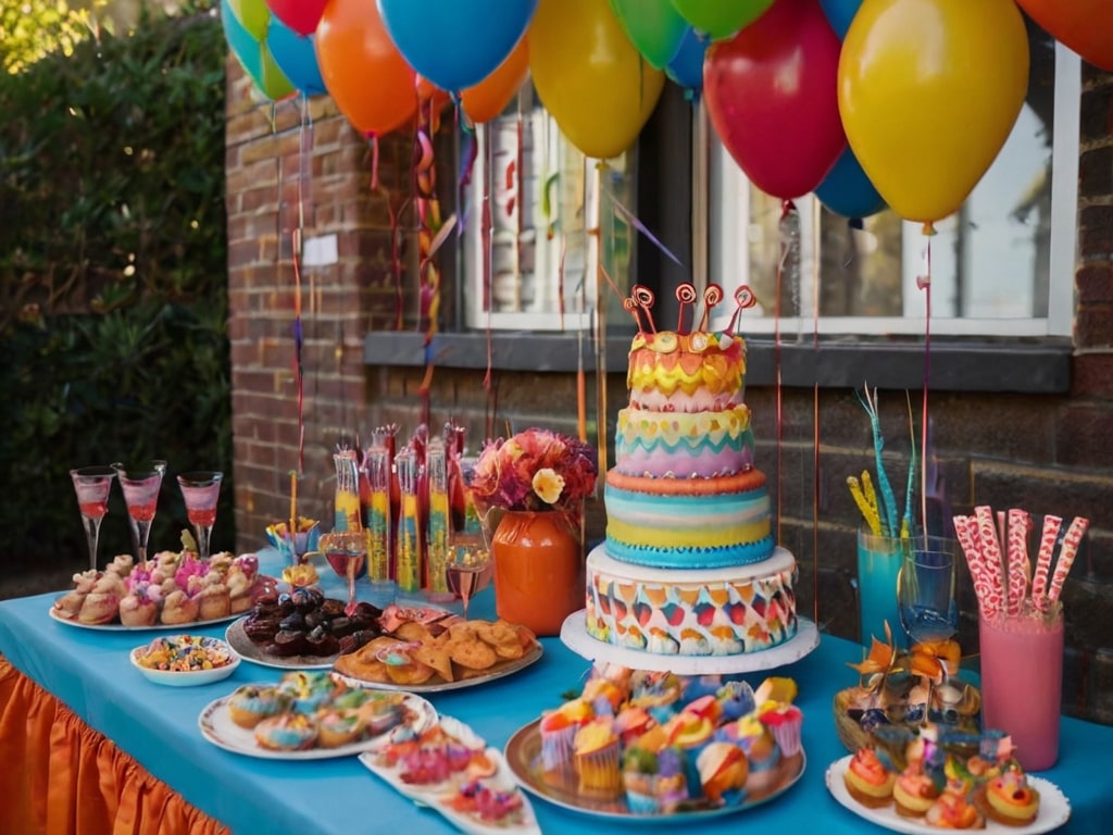 Mesa preparada para fiesta Pastel bebidas y comidas para fiesta al aire libre