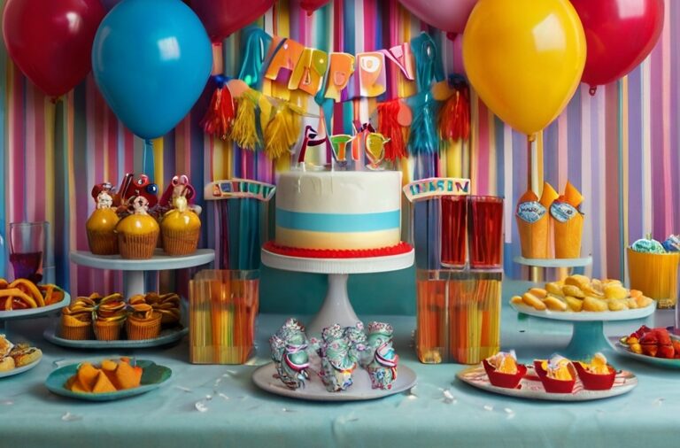 Pastel y globos Pastel globos y mesa preparada para la fiesta tematica
