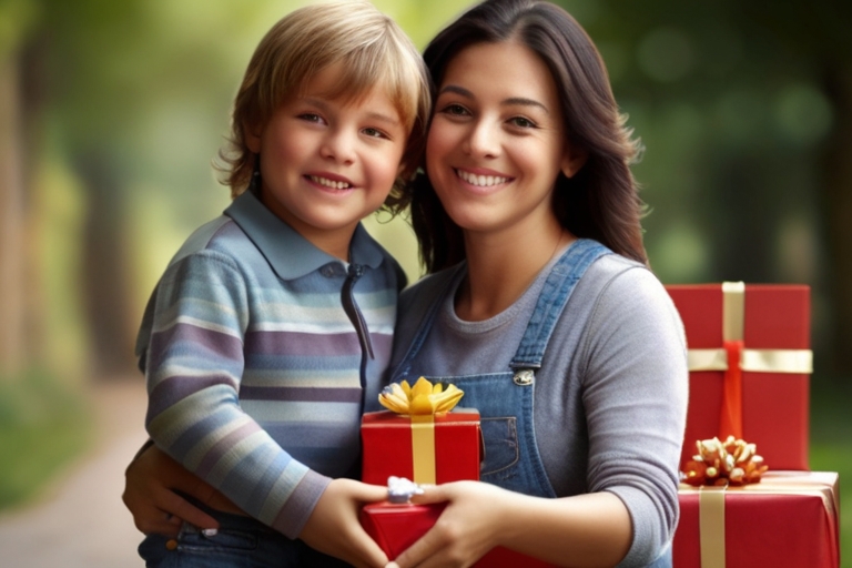 Madre e hijo disfrutando de un regalo