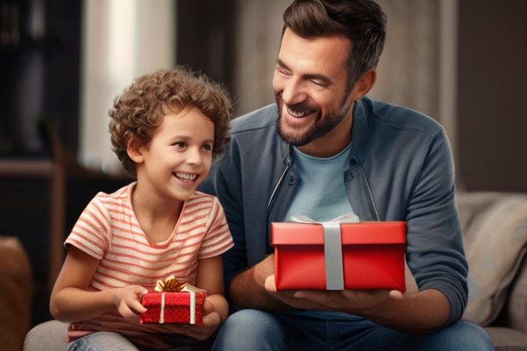 Un padre y su hijo disfrutando de unos regalos