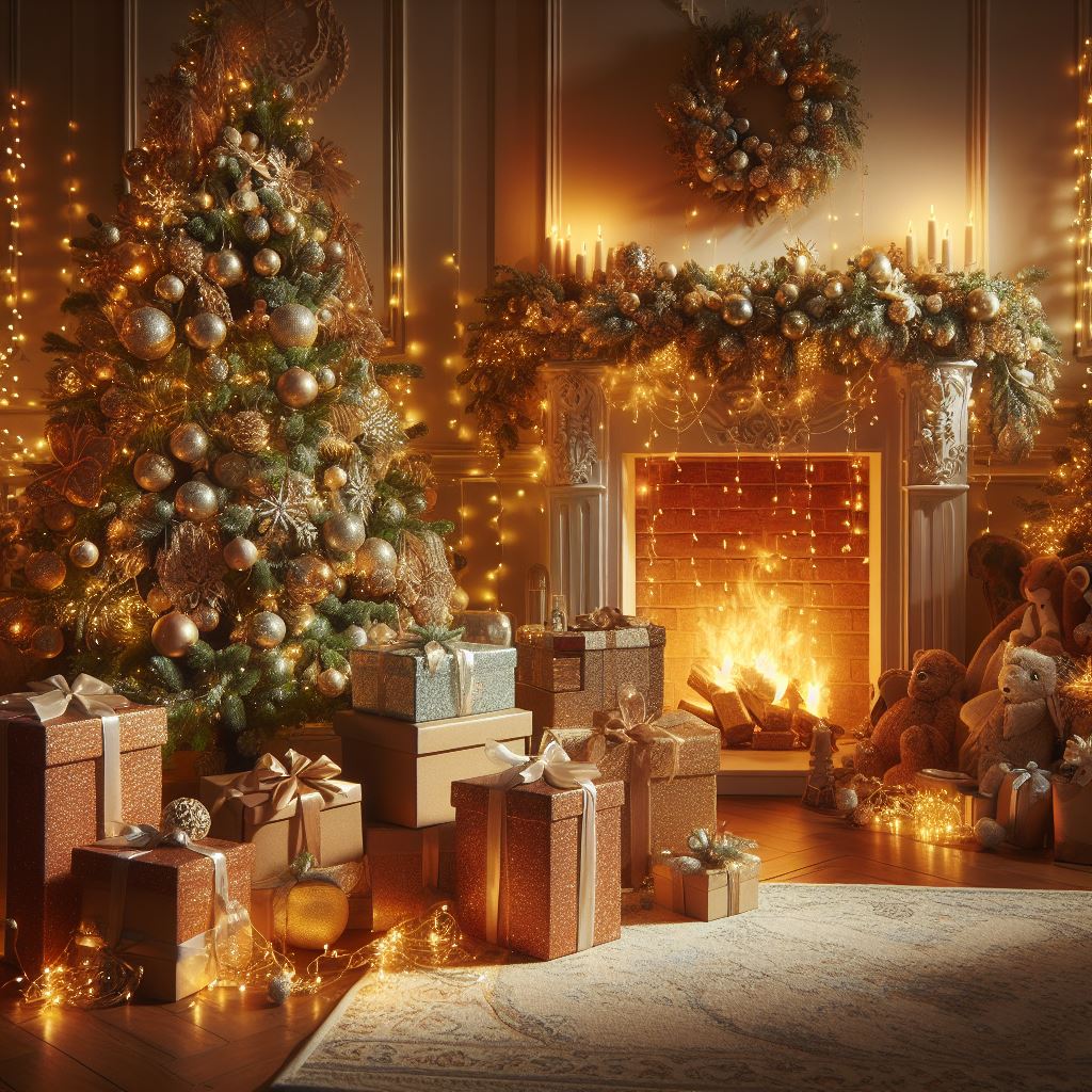 Árbol de Navidad al lado de la chimenea, con regalos originales